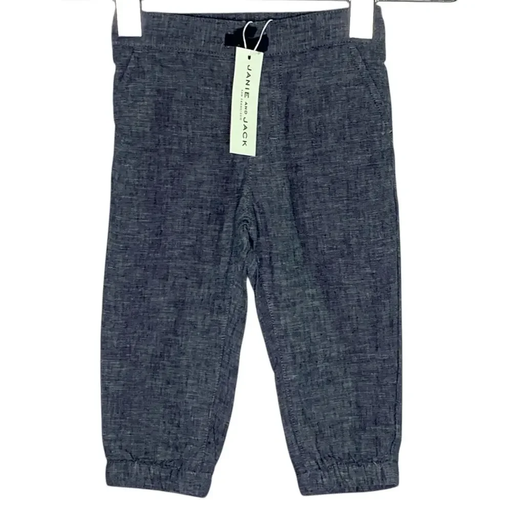 Janie and Jack 12-18 Month NEW Baby Linen Cotton Jogger Navy Gray